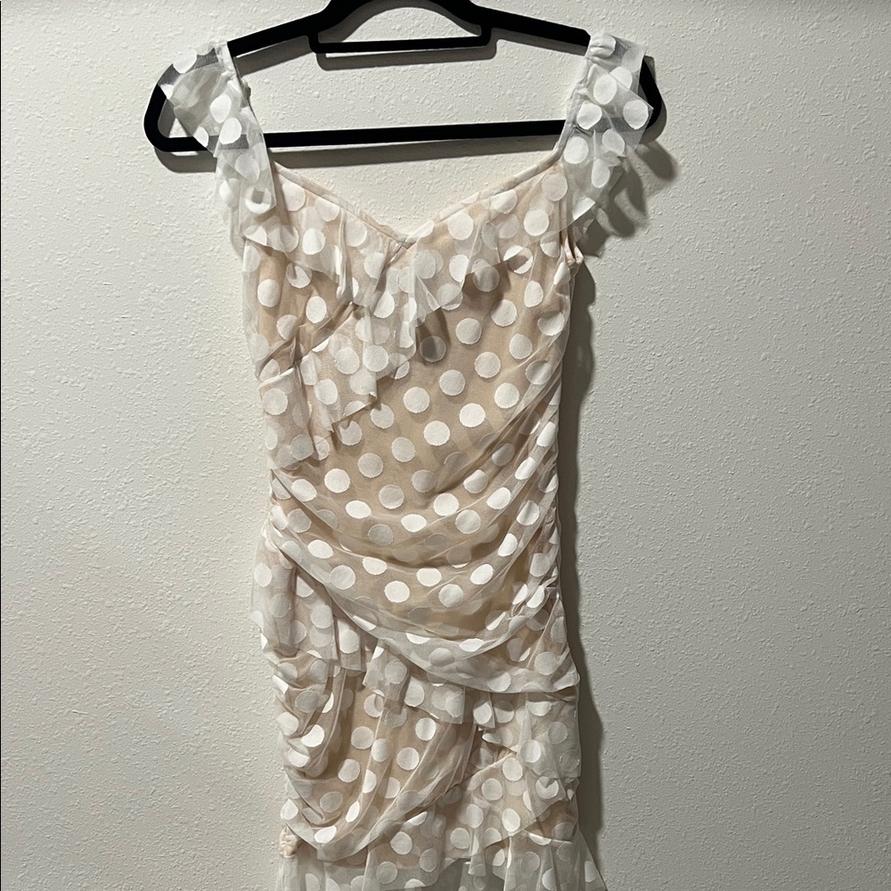 Leche Ruffle Polka Dot Mini Dress in Tan and White